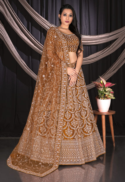 Musterd Net Semi Stitch Embroidered Lehenga Choli For Women