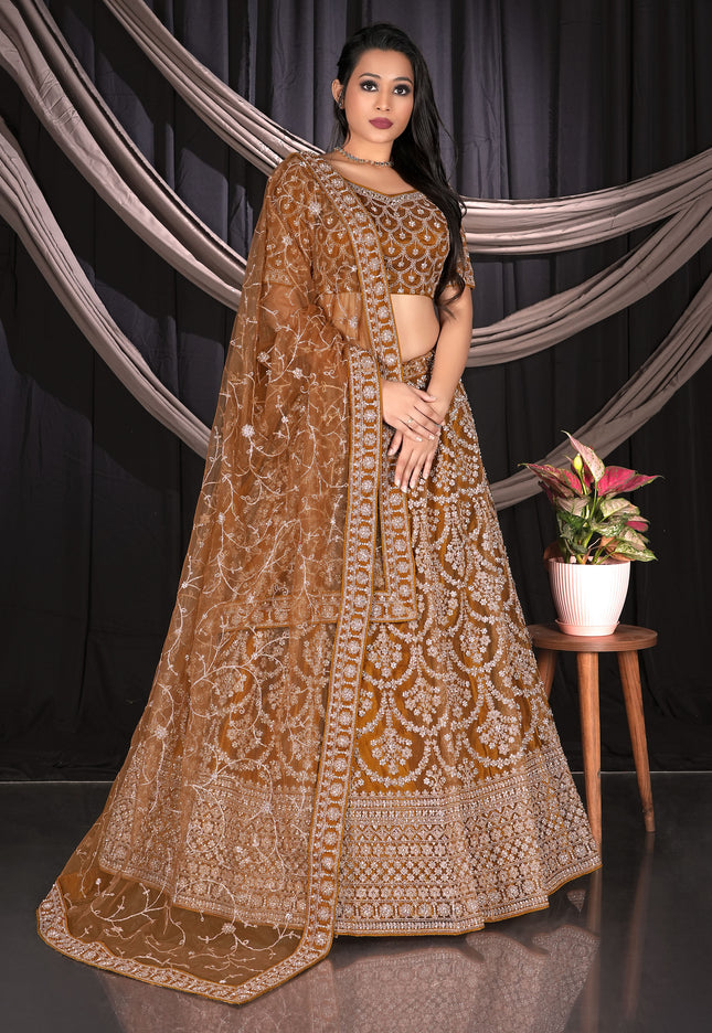 Musterd Net Semi Stitch Embroidered Lehenga Choli For Women