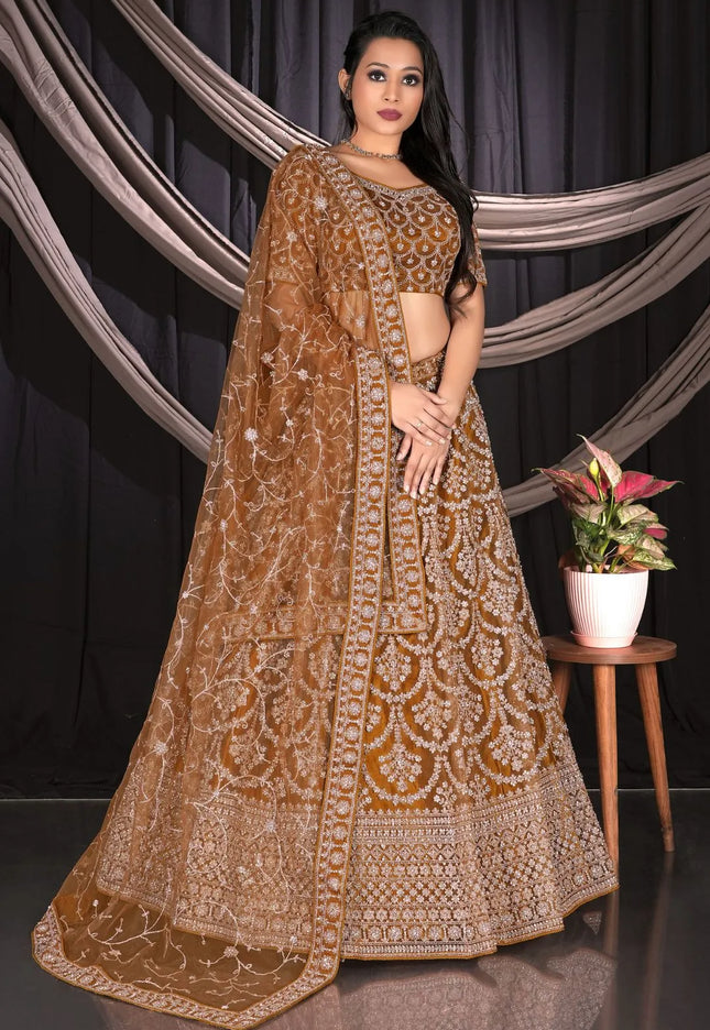 Musterd Net Semi Stitch Embroidered Lehenga Choli For Women