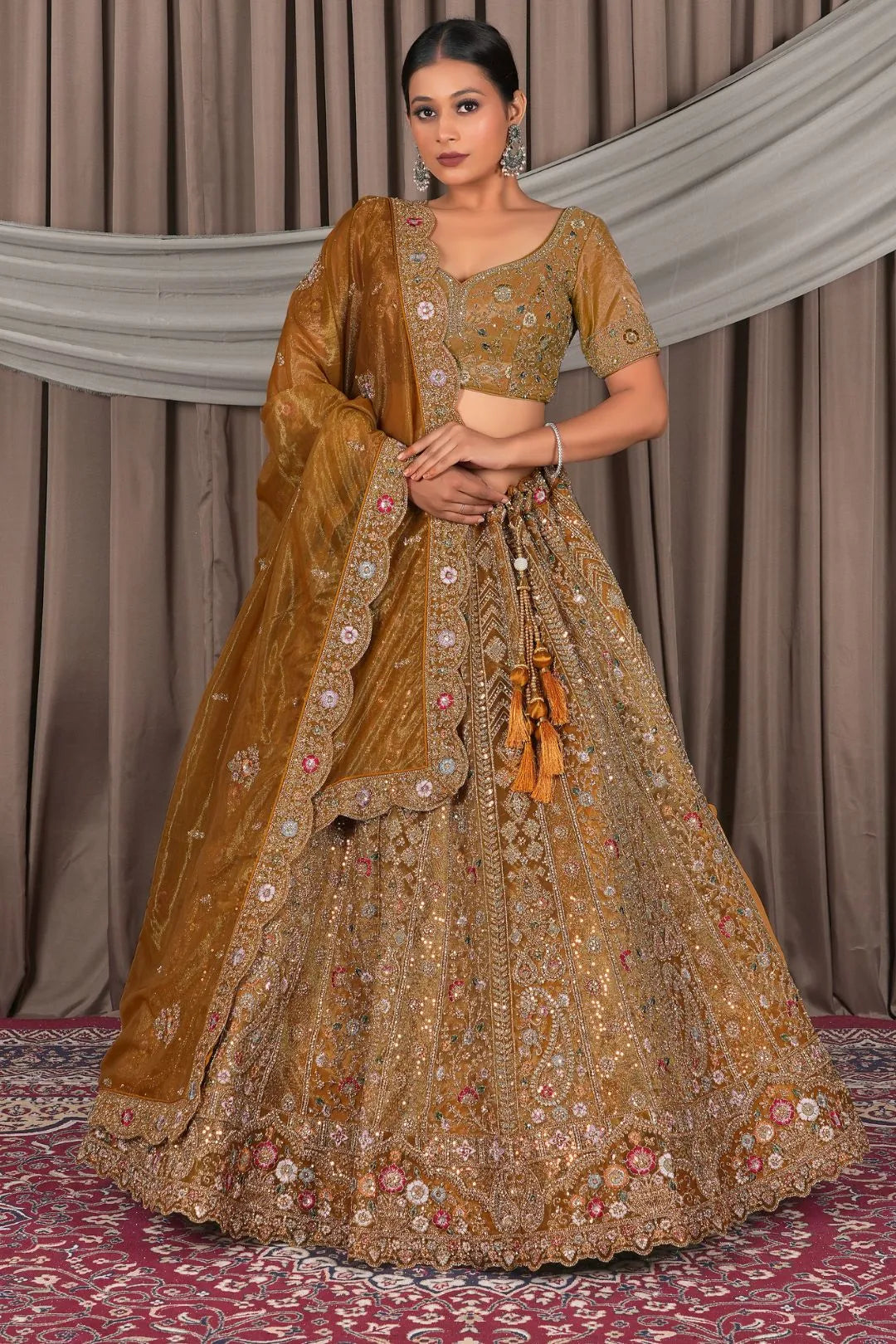 Musterd Party Wear Embroidered Twill Net Lehenga Choli For Women