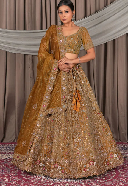 Musterd Party Wear Embroidered Twill Net Lehenga Choli For Women