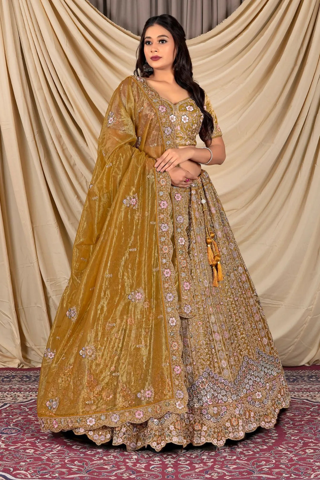 Musterd Party Wear Embroidered Twill Net Lehenga Choli For Women