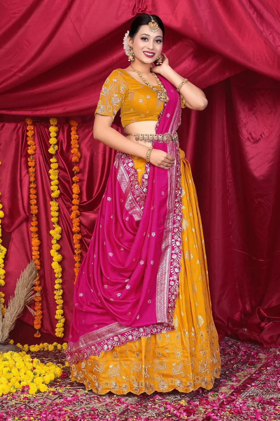 Musterd Viscose Jacquard Pattu Lehenga Choli With Zari Work