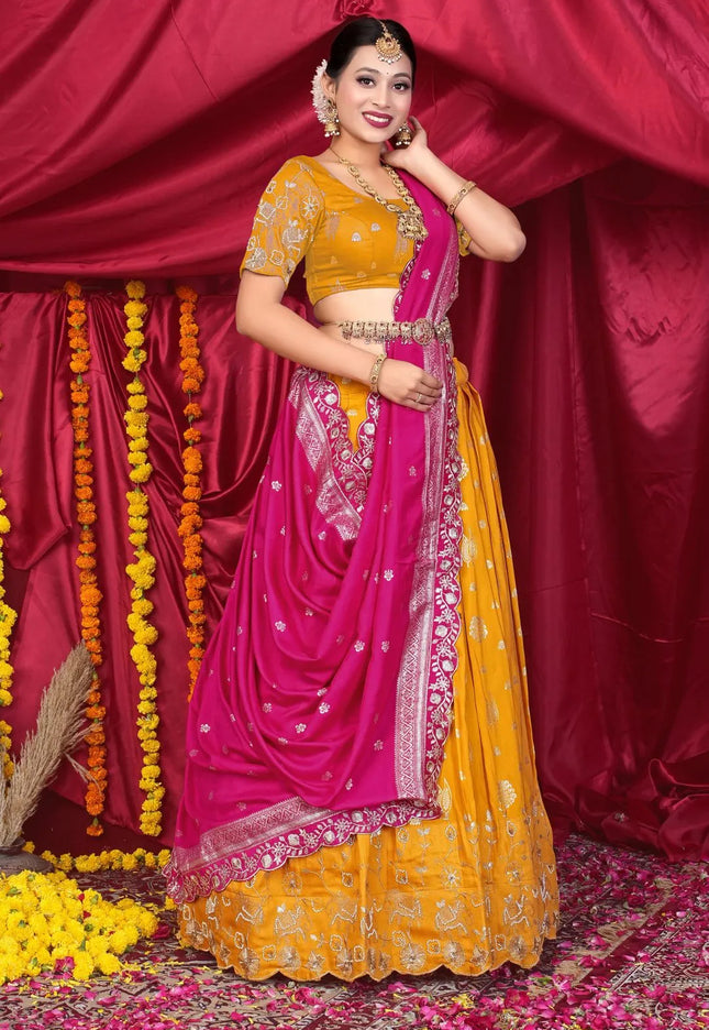 Musterd Viscose Jacquard Pattu Lehenga Choli With Zari Work
