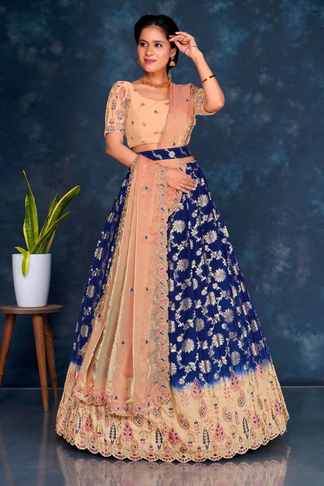 Navy Blue Viscos Muslin Lehenga With Peach Dupatta