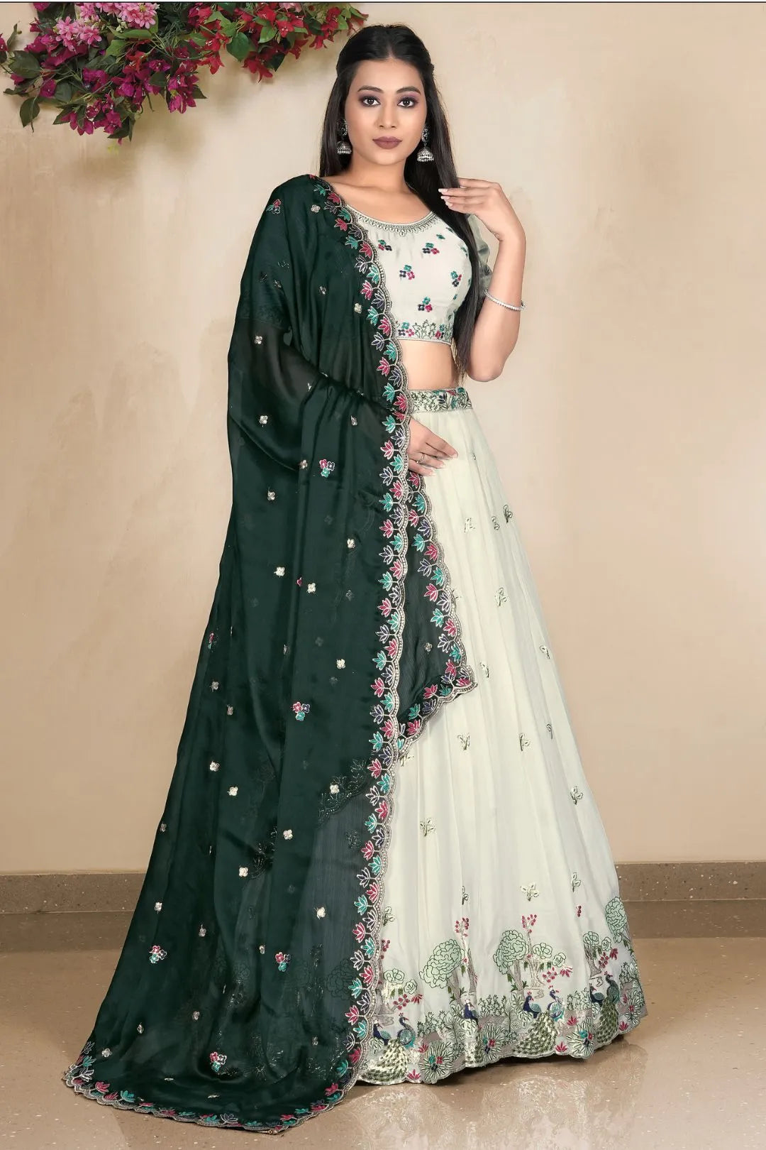 Off White Embroidered Lehenga Choli In Satin Chiffon Fabric