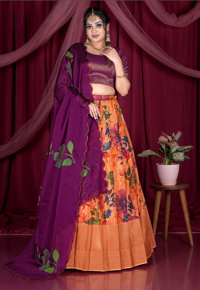 Orange Designer Printed Lehenga Choli In Viscose