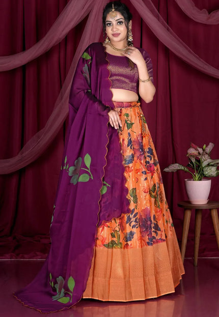 Orange Designer Printed Lehenga Choli In Viscose