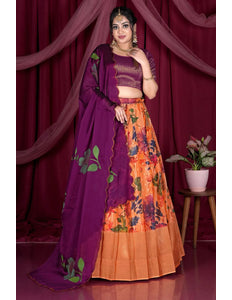 Orange Designer Printed Lehenga Choli In Viscose