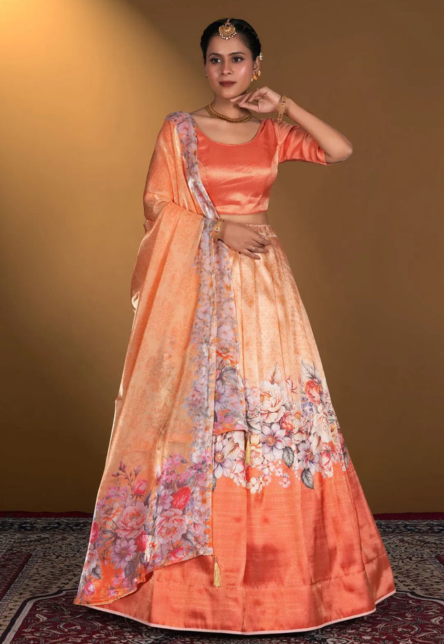 Orange Digital Printed Satin Lehenga With Chinnon Dupatta