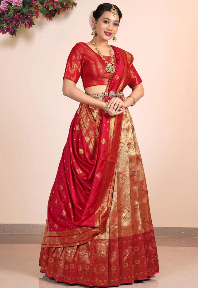 Orange Red Banarasi Silk Lehenga Choli Design