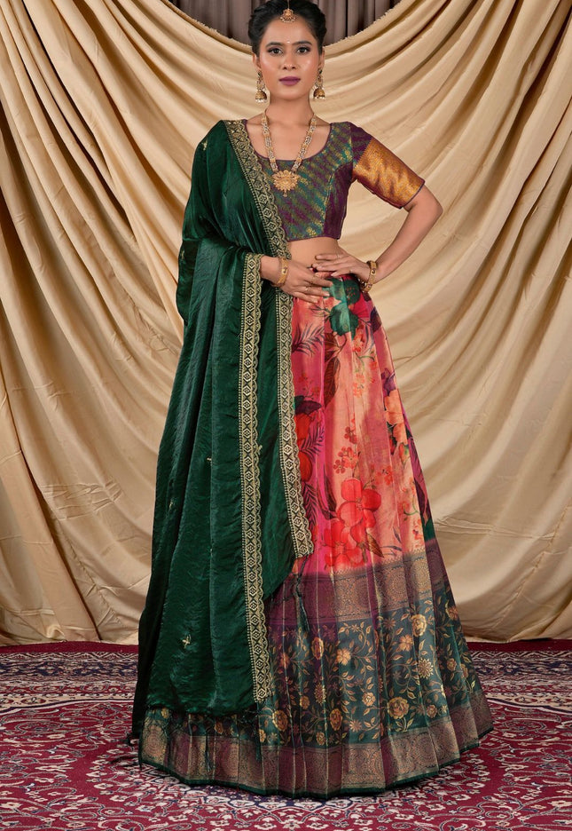 Woman wearing a traditional lehenga choli with a floral pattern