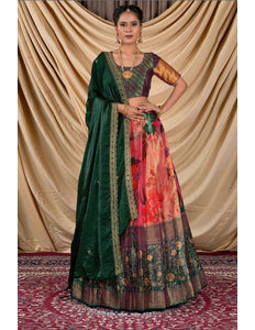 Woman wearing a traditional lehenga choli with a floral pattern