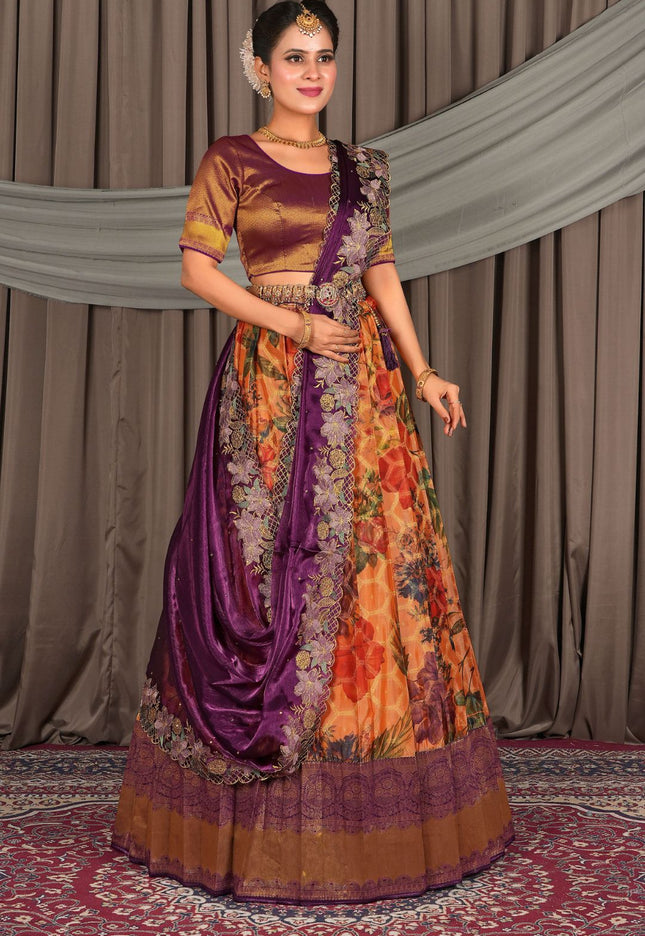 Woman wearing a traditional outfit with a floral skirt