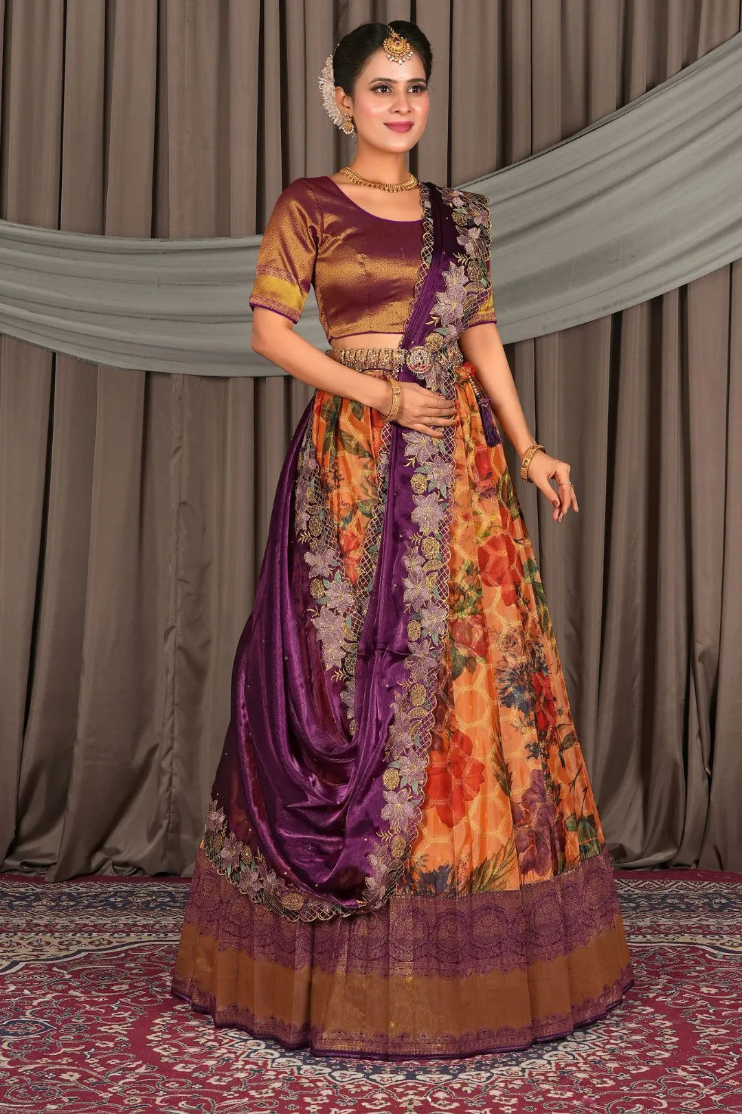 Orange Viscose Digital Print Lehenga Choli For Women