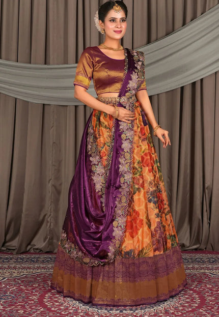 Orange Viscose Digital Print Lehenga Choli For Women