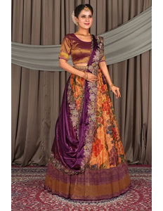 Orange Viscose Digital Print Lehenga Choli For Women