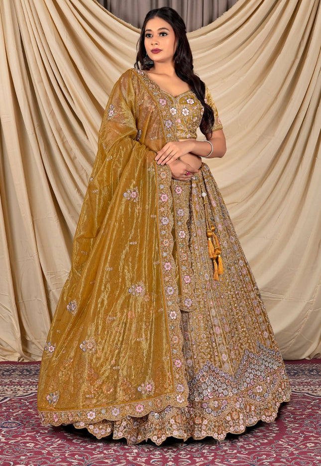 Woman in a traditional embroidered lehenga choli with dupatta