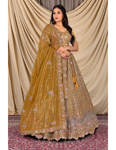 Woman in a traditional embroidered lehenga choli with dupatta