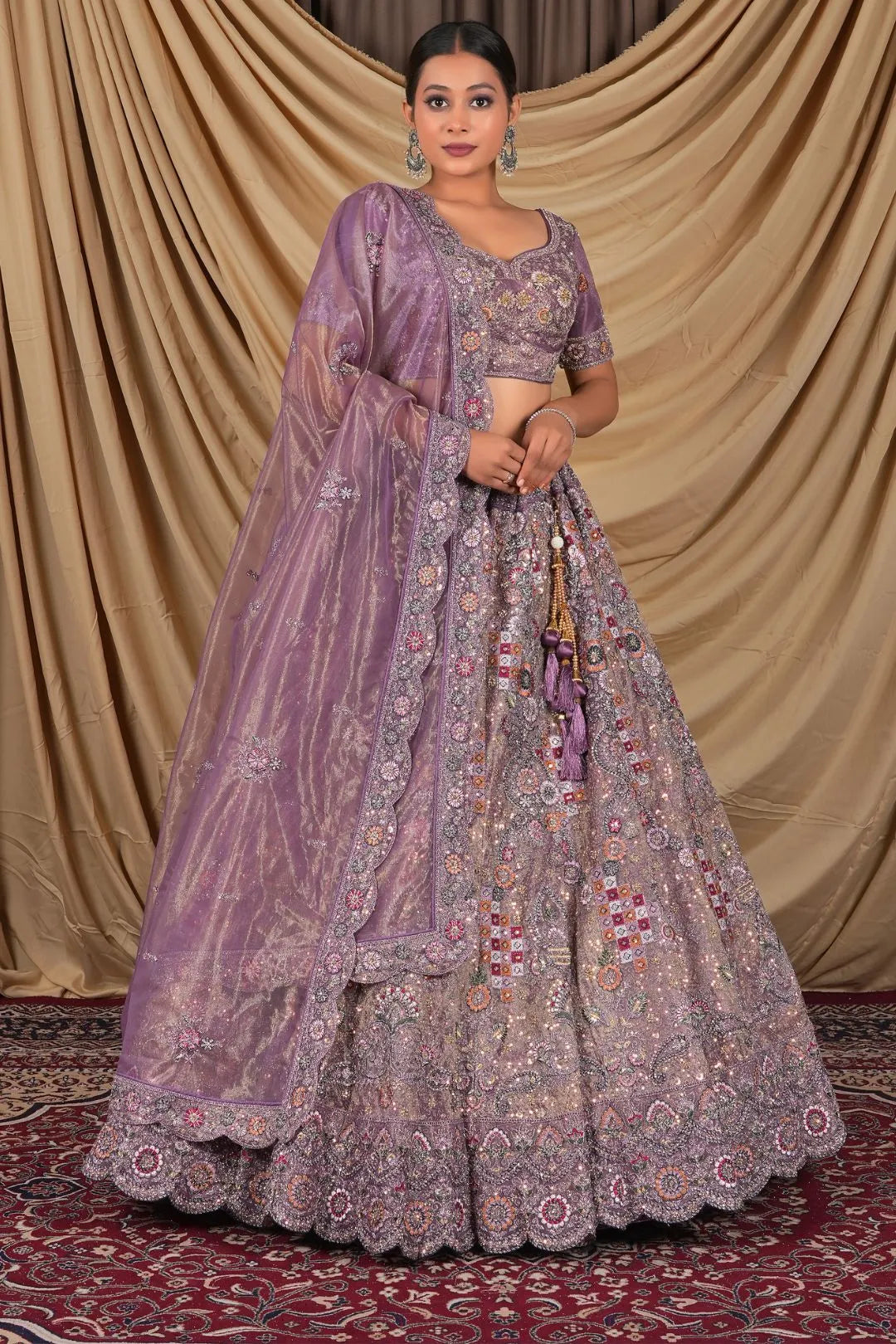 Purple Party Wear Embroidered Twill Net Lehenga Choli For Women