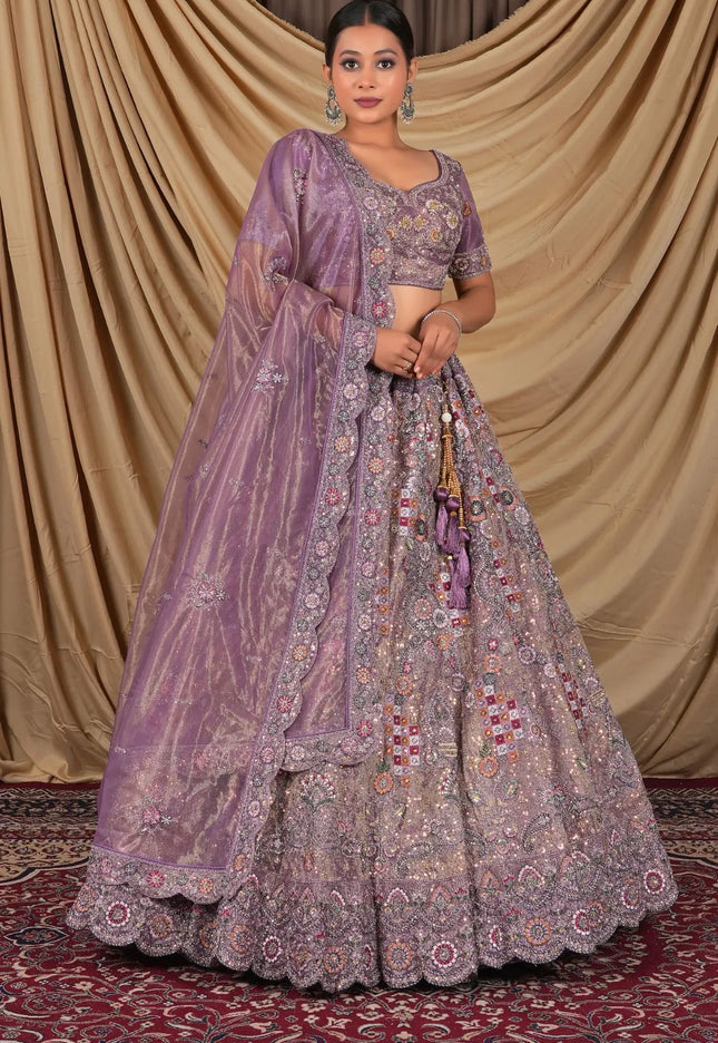 Purple Party Wear Embroidered Twill Net Lehenga Choli For Women