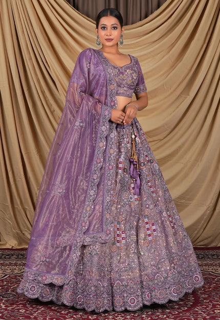 Purple Party Wear Embroidered Twill Net Lehenga Choli For Women