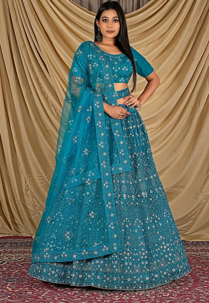 Firozi Party Wear Embroidered Net Lehenga Choli For Women