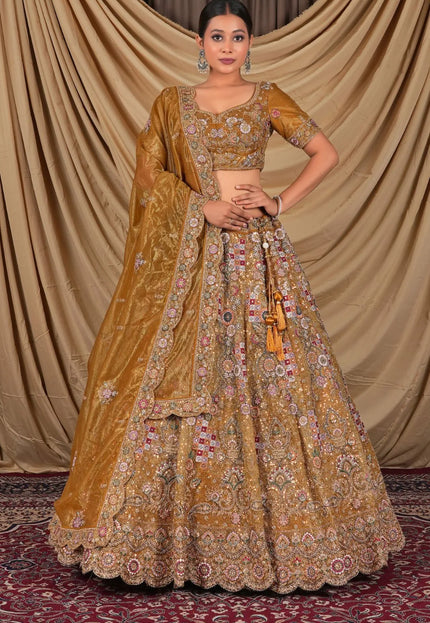 Musterd Party Wear Embroidered Twill Net Lehenga Choli For Women