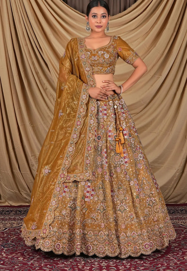 Musterd Party Wear Embroidered Twill Net Lehenga Choli For Women