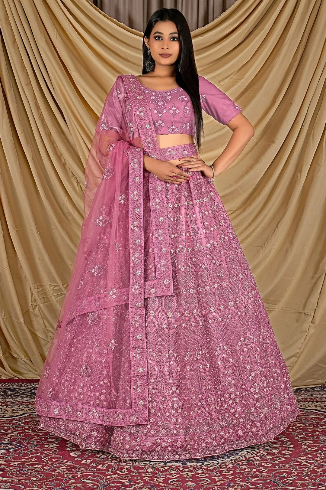 Pink Party Wear Embroidered Net Lehenga Choli For Women