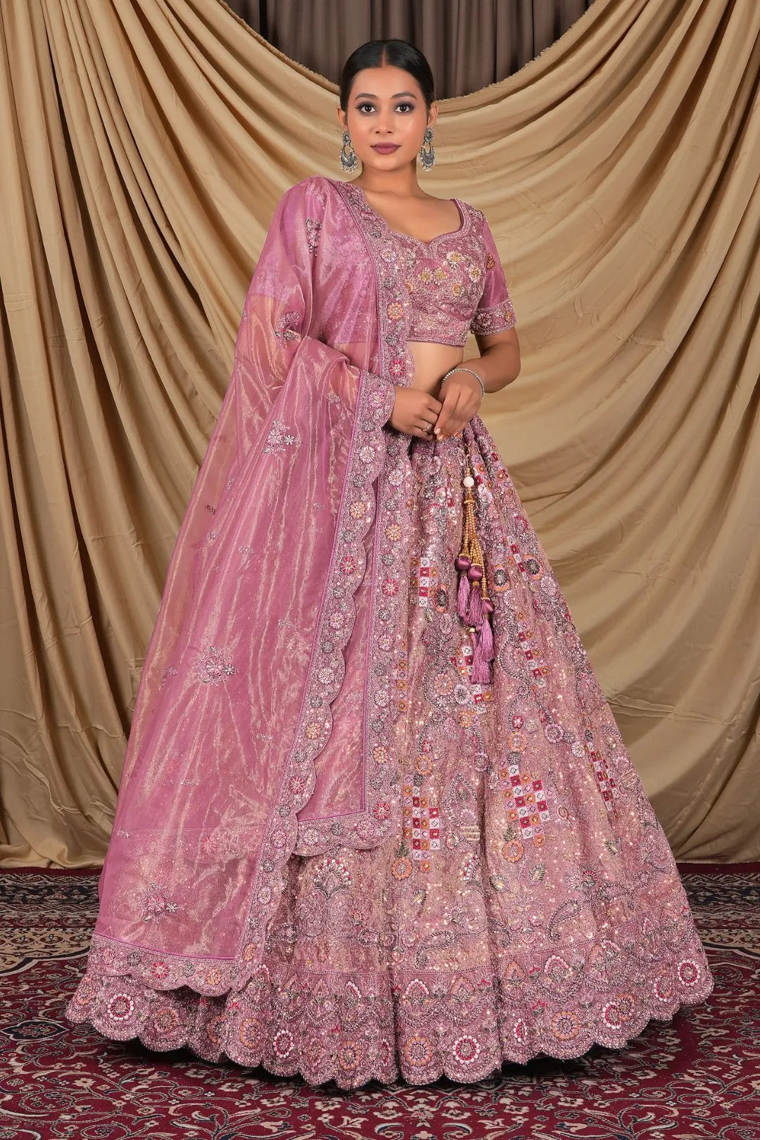 Pink Party Wear Embroidered Twill Net Lehenga Choli For Women