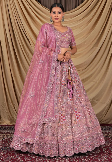Pink Party Wear Embroidered Twill Net Lehenga Choli For Women