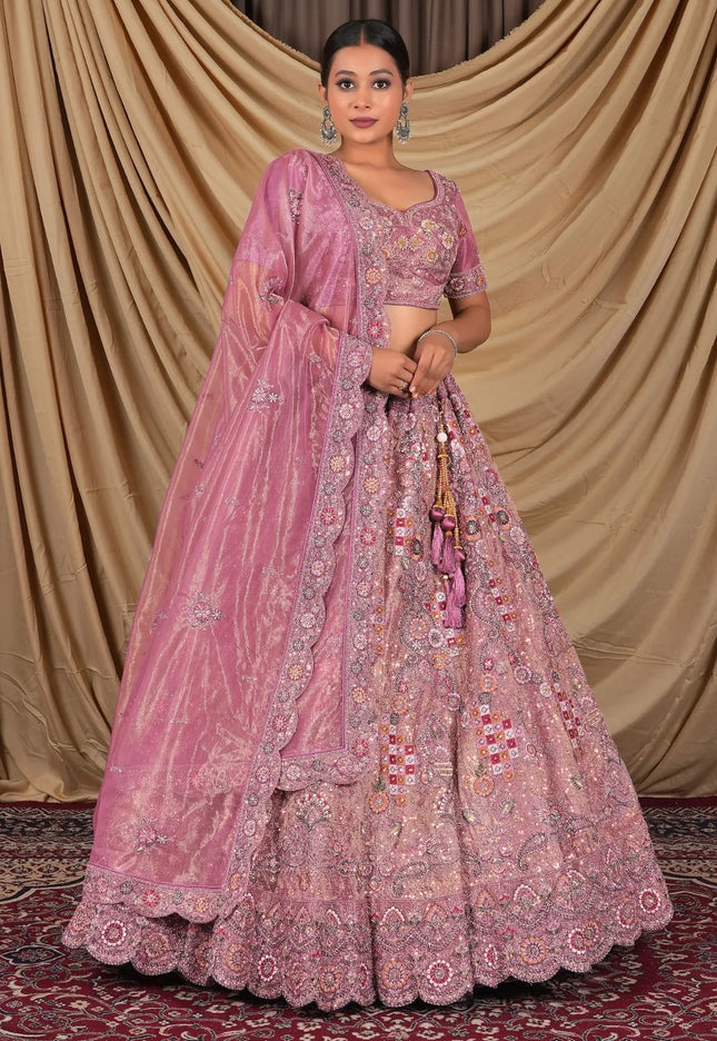 Pink Party Wear Embroidered Twill Net Lehenga Choli For Women