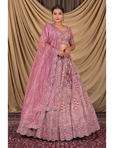 Pink Party Wear Embroidered Twill Net Lehenga Choli For Women