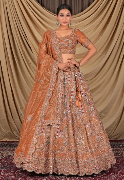 Rust Party Wear Embroidered Twill Net Lehenga Choli For Women