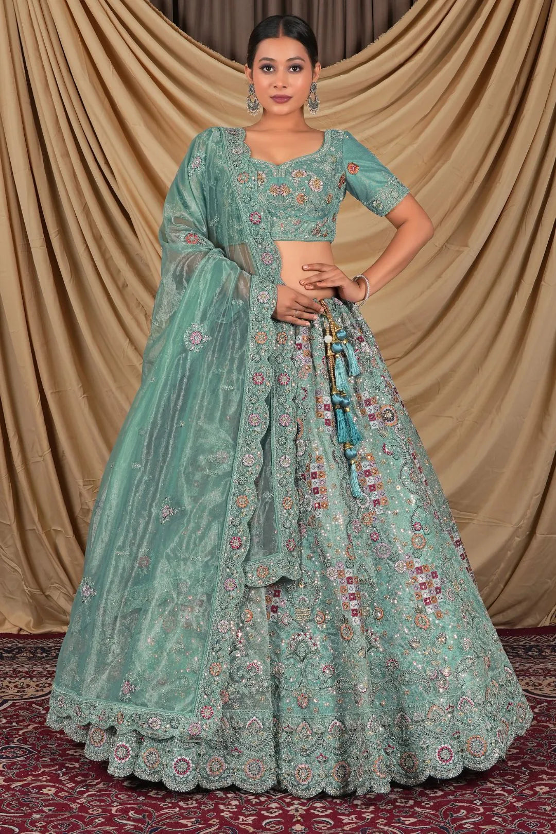 Sea Green Party Wear Embroidered Twill Net Lehenga Choli For Women