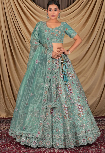 Sea Green Party Wear Embroidered Twill Net Lehenga Choli For Women