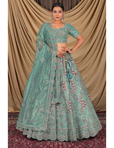 Sea Green Party Wear Embroidered Twill Net Lehenga Choli For Women