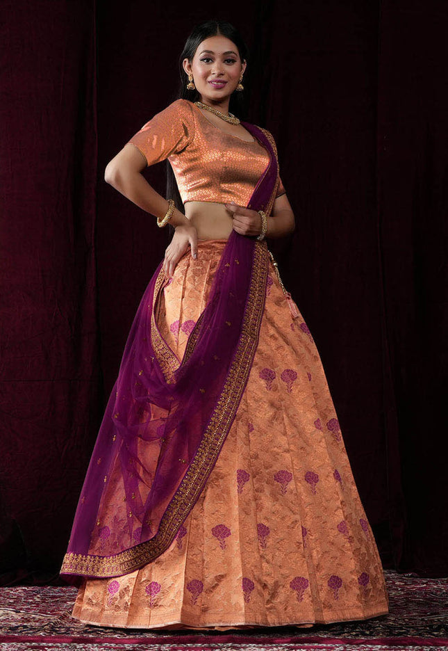 Peach Banarasi Silk Half Saree For Women