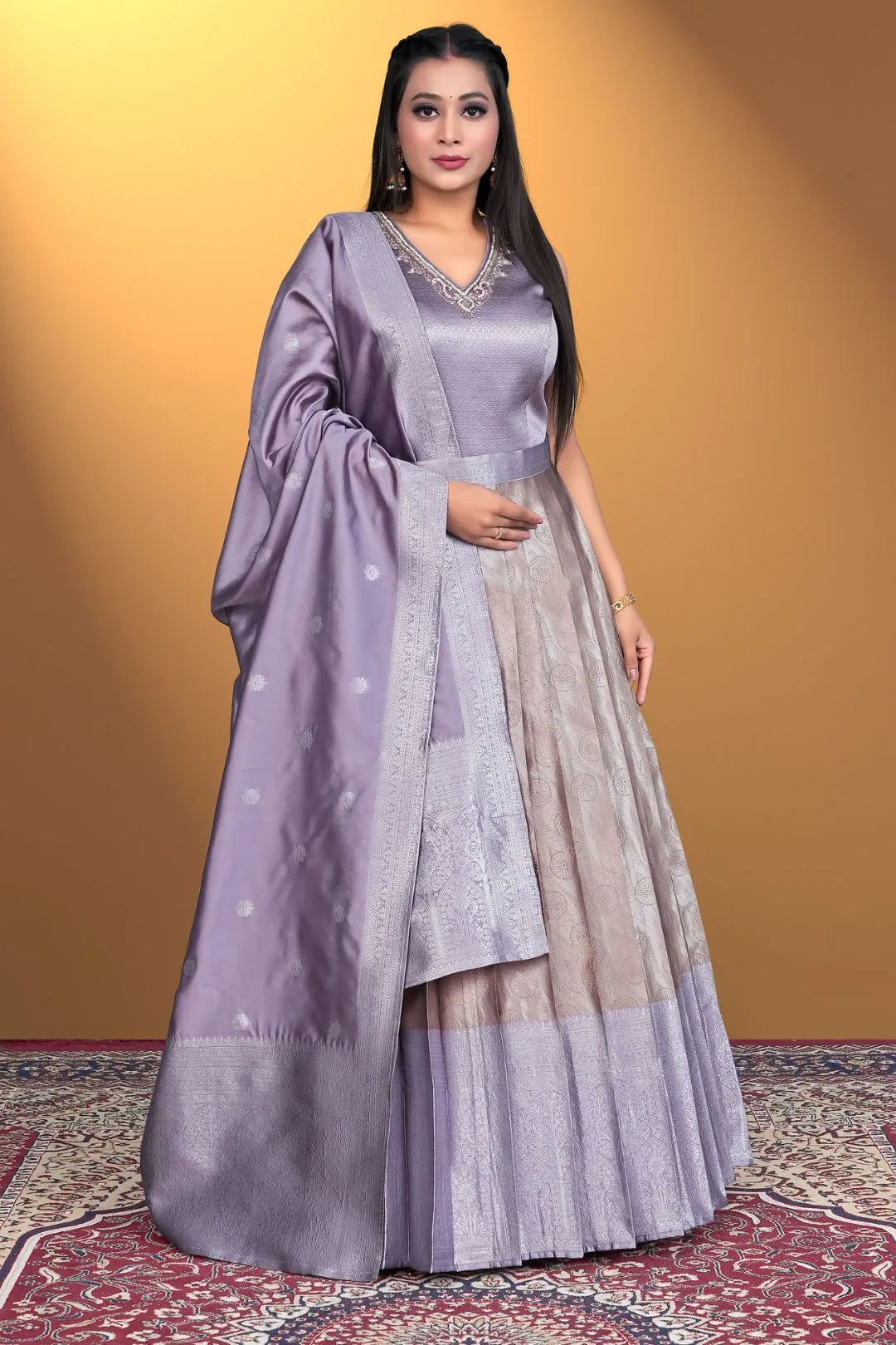 Peach Designer Banarasi Gown With Dupatta