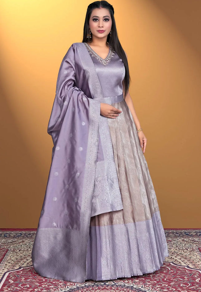 Peach Designer Banarasi Gown With Dupatta