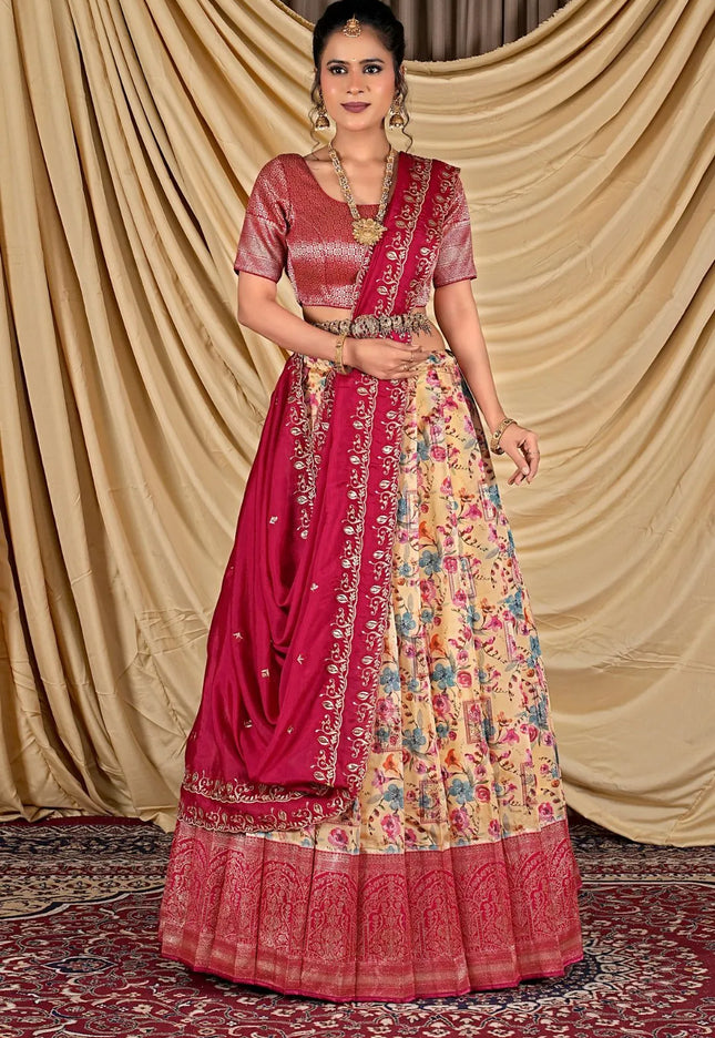 Peach Tissue With Digital Print Lehenga Choli For Women