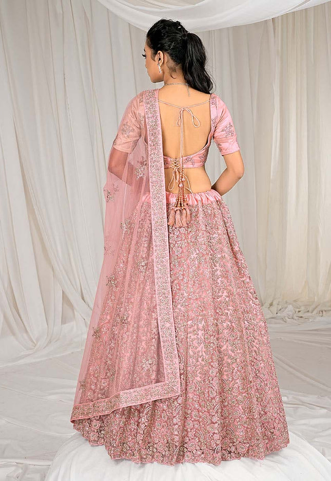 Peach Party Wear Net Lehenga