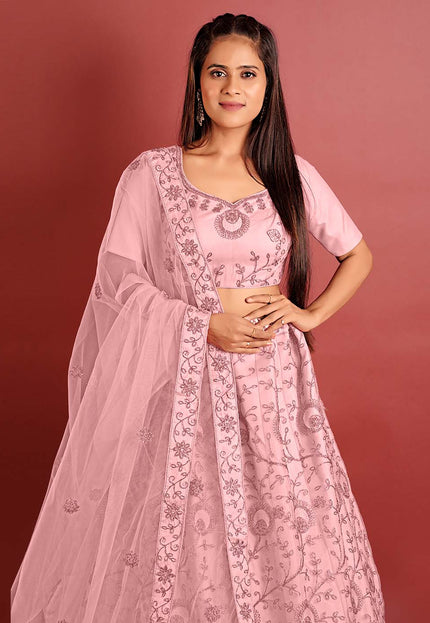Light Pink Zari Work Net Lehenga