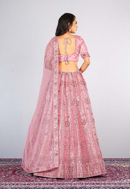 Pink Embroidery Net Lehenga