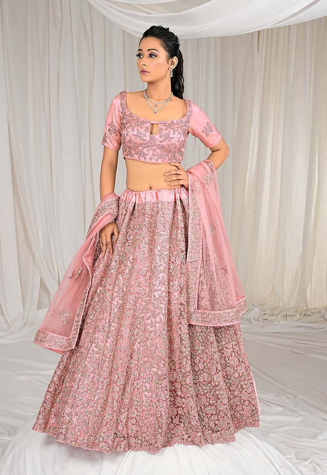Peach Party Wear Net Lehenga