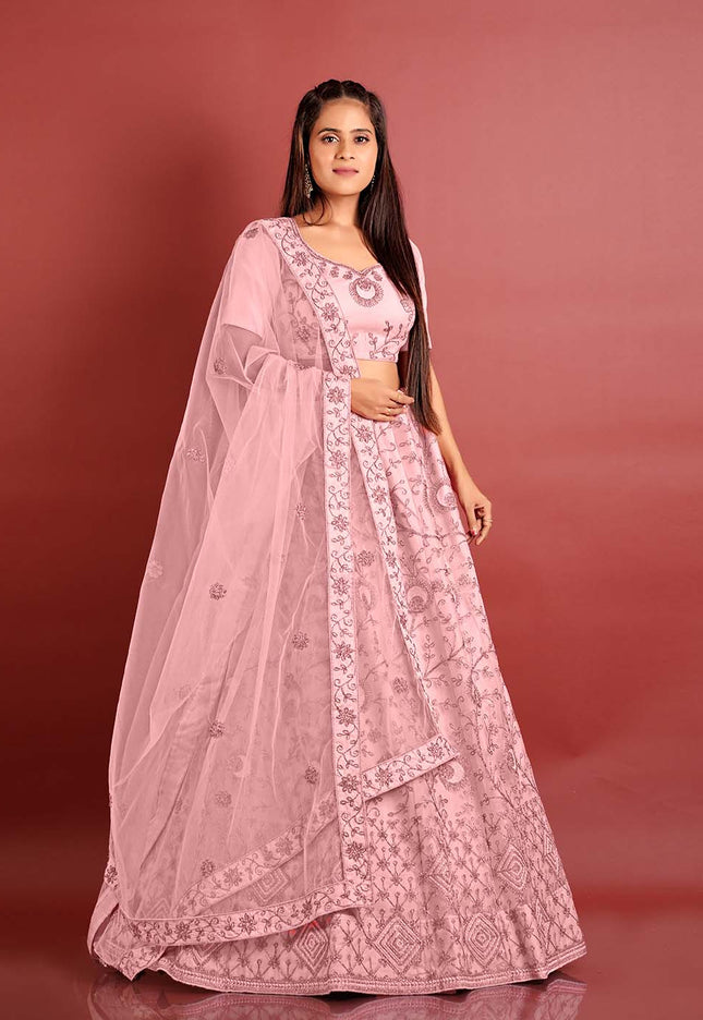 Light Pink Zari Work Net Lehenga