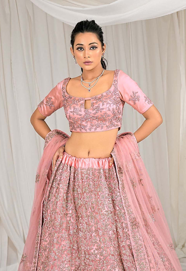 Peach Party Wear Net Lehenga