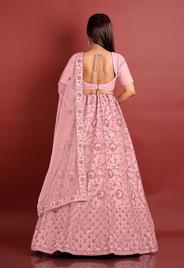Light Pink Zari Work Net Lehenga