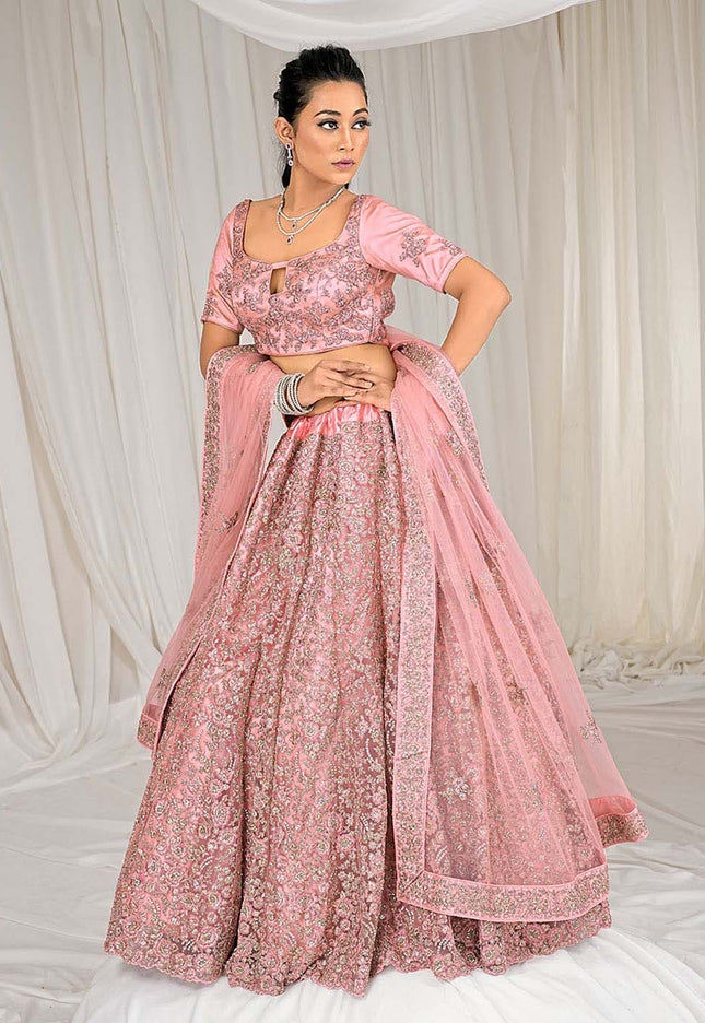 Peach Party Wear Net Lehenga